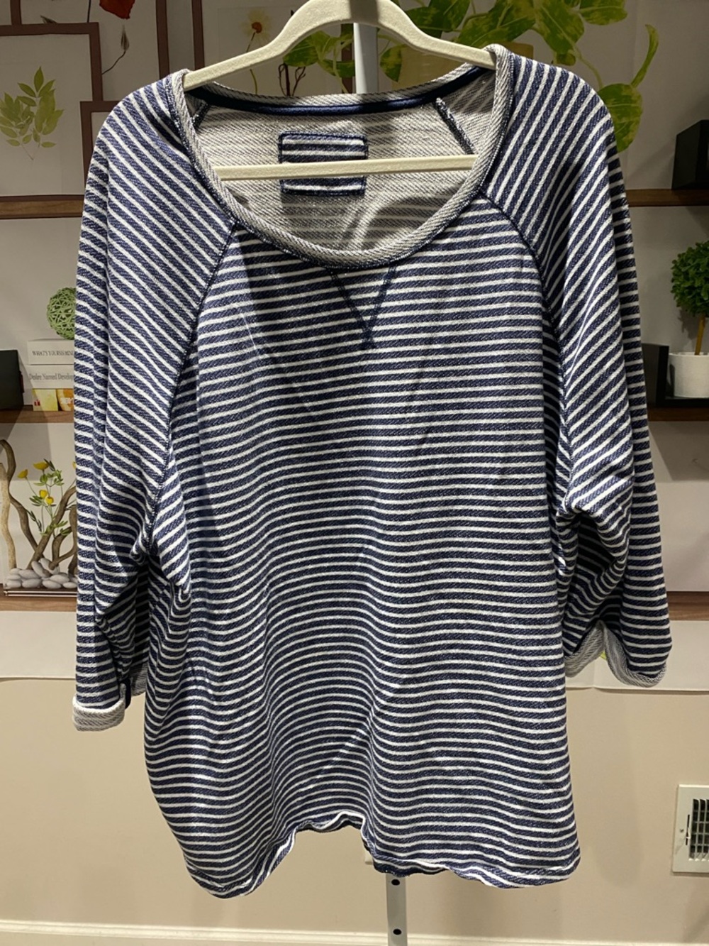Striped Navy & White Cozy Sweatshirt lightweight. No tag but is 28 pt to pt